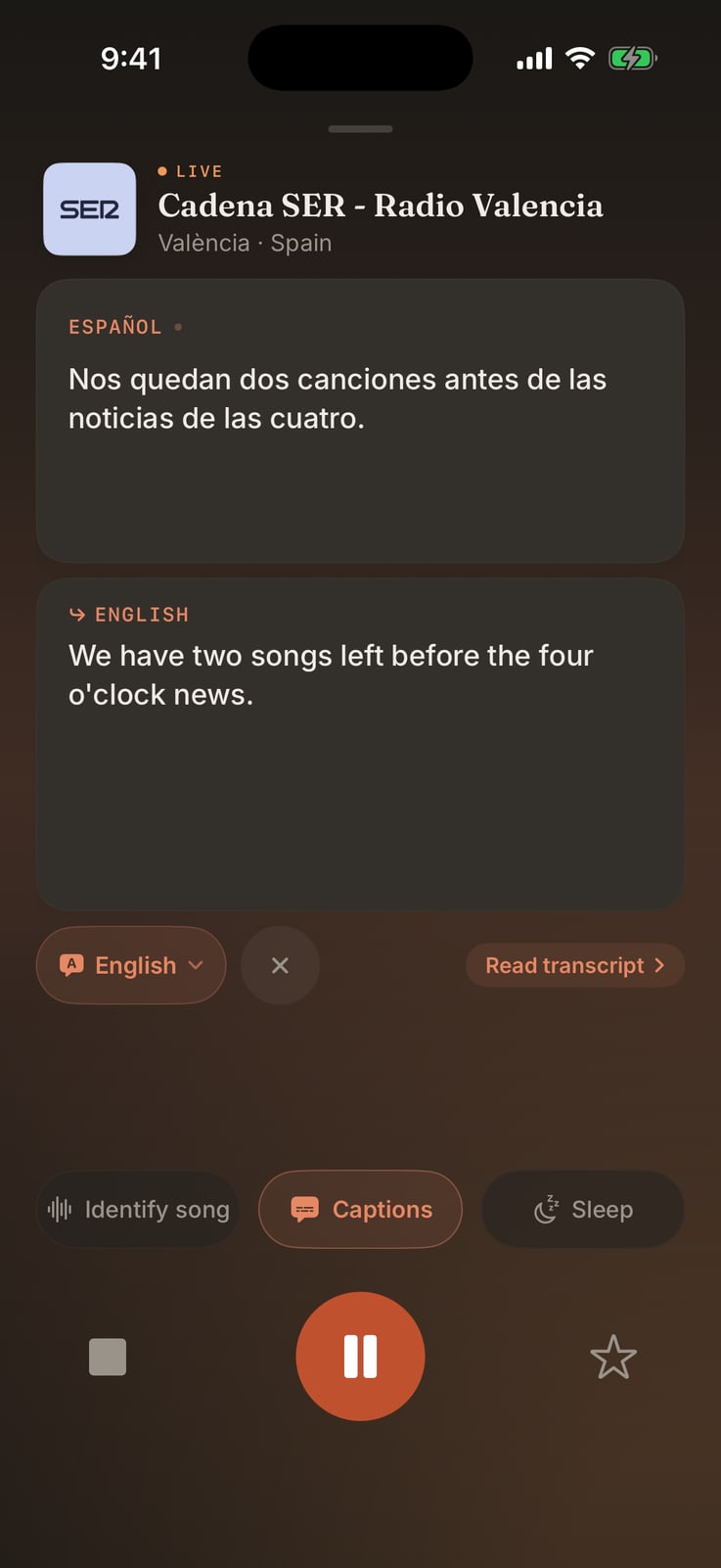 Live captions on a Spanish station, the broadcast written out in Spanish with an English translation under it