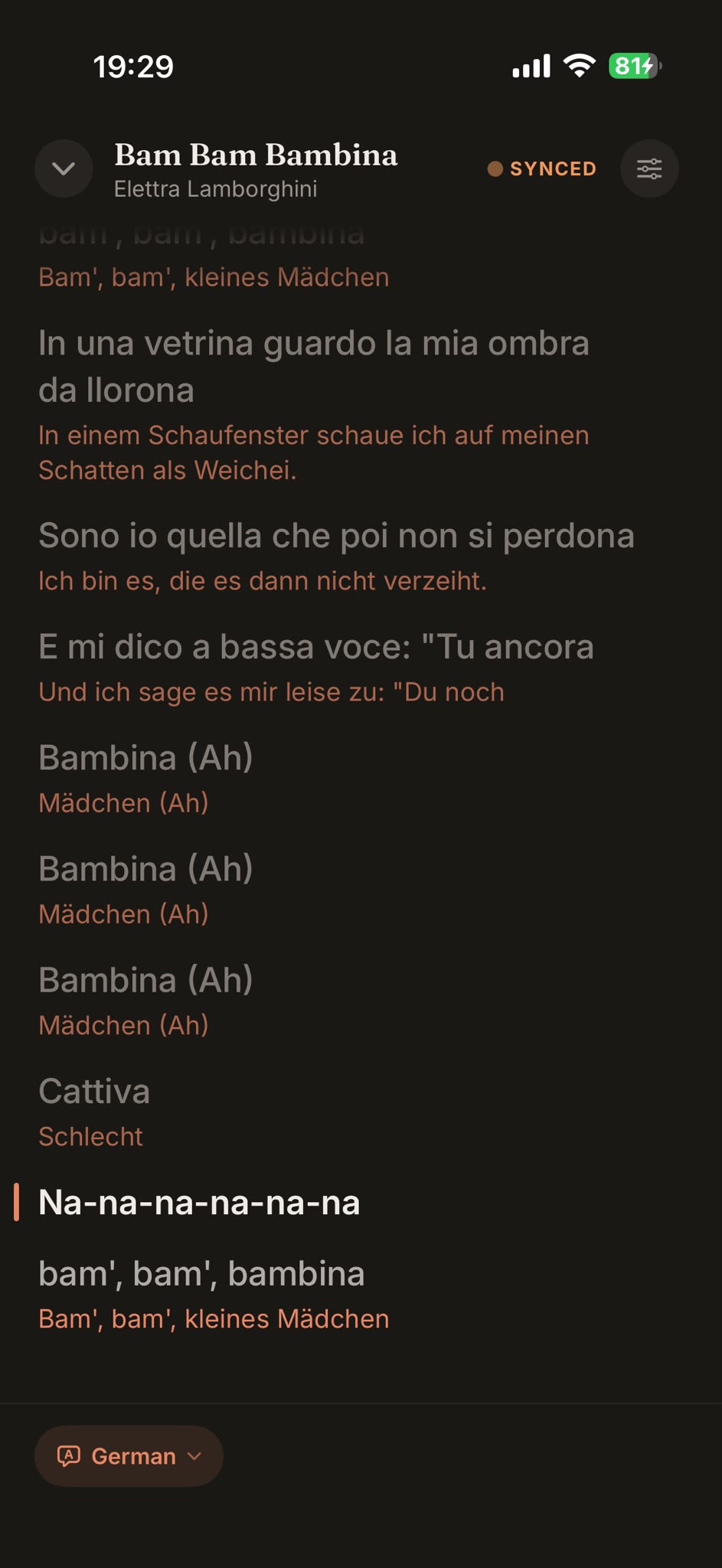 Synced lyrics in Italian with a German translation under each line