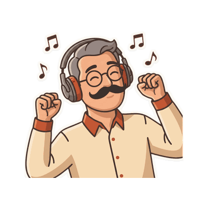 Dad dances with his hands up and music notes around him