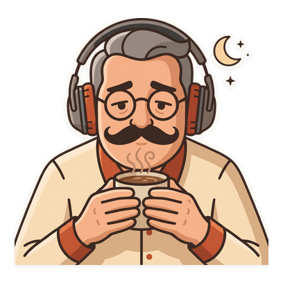 Dad holds a mug of coffee under a crescent moon