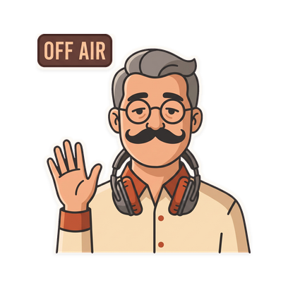 Dad waves goodbye under an unlit OFF AIR sign