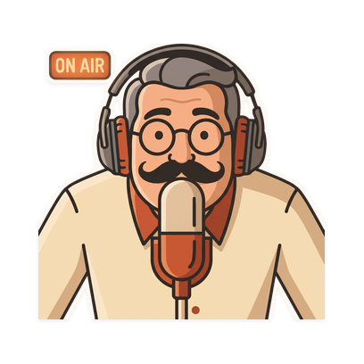 Dad at the microphone under a lit ON AIR sign
