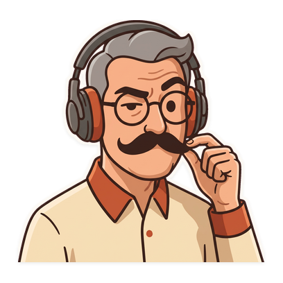 Dad gives a doubting side-eye, one eyebrow raised, pinching his mustache